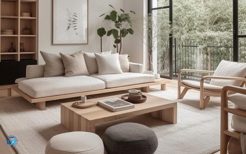 Không gian phòng khách Japandi kết hợp nét tối giản và sự ấm cúng.